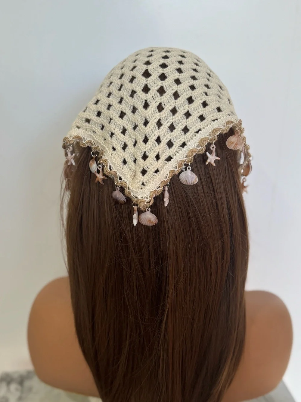 Boho Coastal Crochet Triangle Head Scarf Shell Charm Bandana Cream Beachcore
